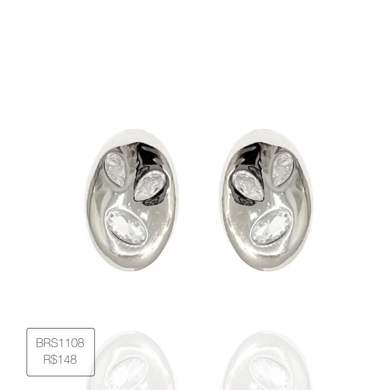 Brinco Oval Zirconias Geometricas Esplendor Prateado